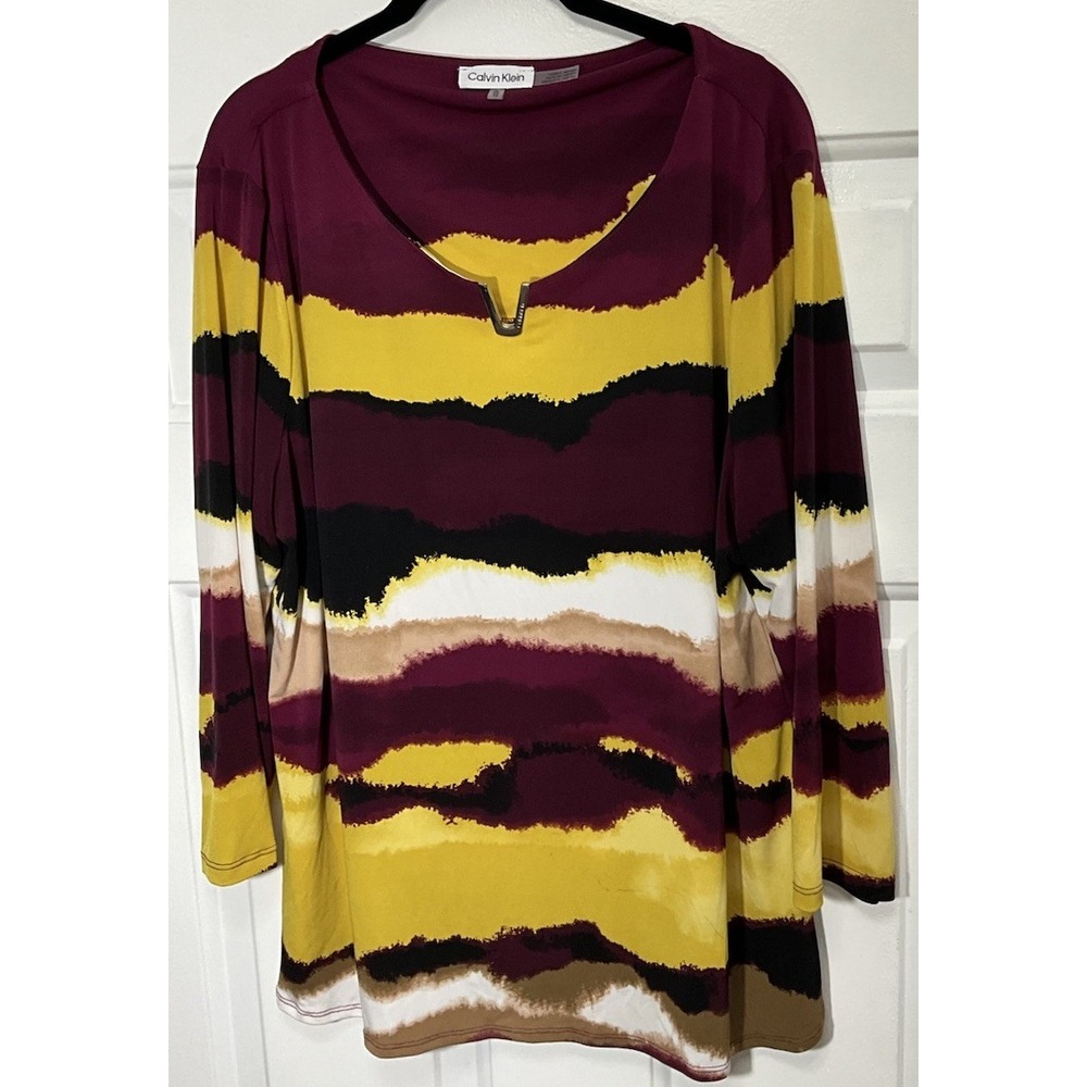 Calvin Klein Burgundy/Yellow Soft Stretchy Business/Casual Blouse Women's XL
